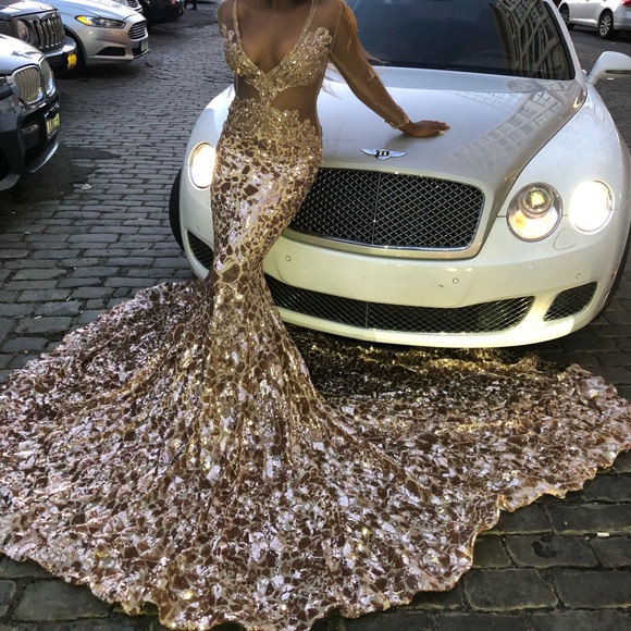 PROM DRESS GOLD AND ROSE GOLD LONG SLEEVE MESH - Picture 2 of 8